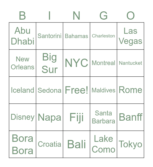 Honeymoon Destinations Bingo Card