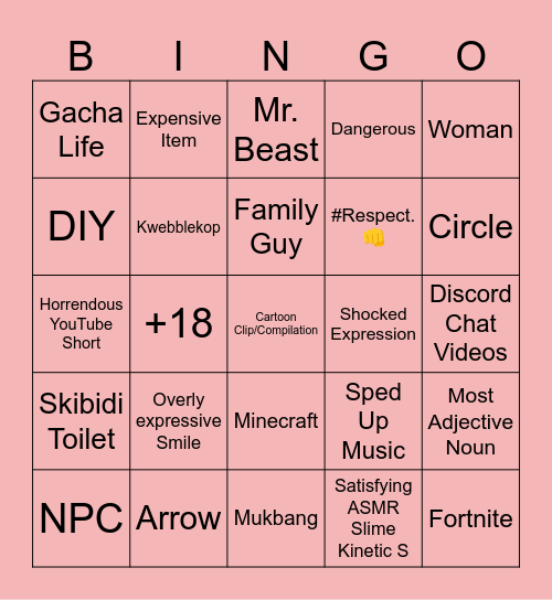 My Brother’s TIKTOK Recommended TIKTOK Bingo (GONE WRONG) Bingo Card