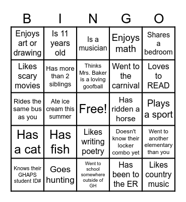 Back to School Bingo Card