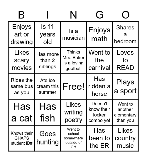 Back to School Bingo Card