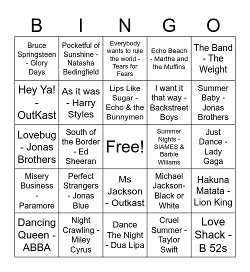 NSF Presents Music Bingo Card