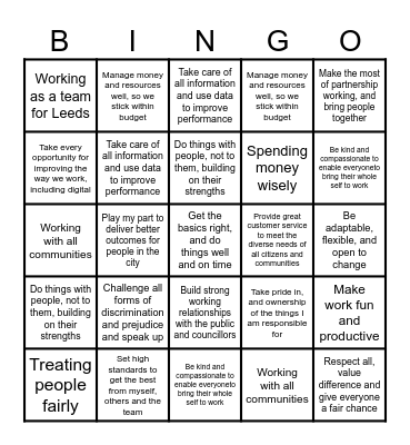 Values and Behaviours Bingo Card