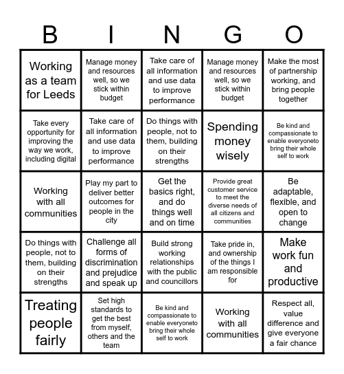 Values and Behaviours Bingo Card