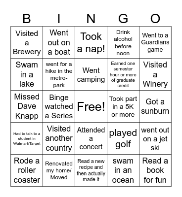 SUMMER BREAK BINGO Card