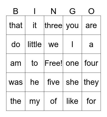 K Sight Words Bingo Card