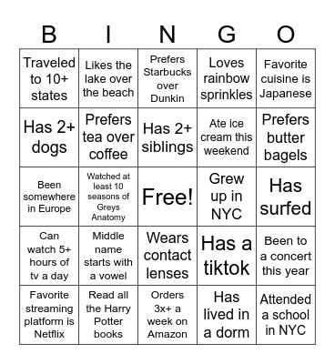 Dorm Experience Bingo Card