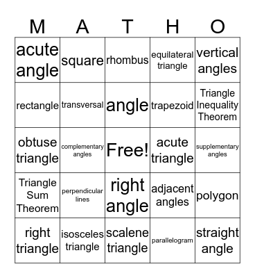 Geometry! Lessons 7.1 to 7.4 Bingo Card