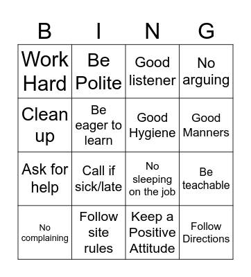 Workplace Readiness Bingo Card