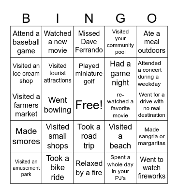 SUMMER BREAK BINGO Card