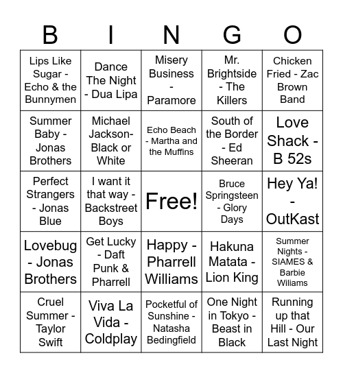 NSF Presents Music Bingo Card