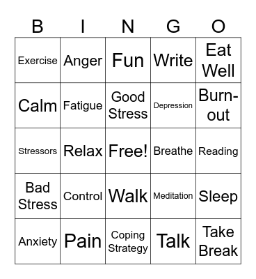 Stress Management Bingo Card