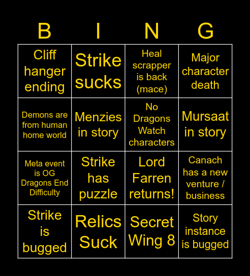 Secrets of the Obscure BINGO Card