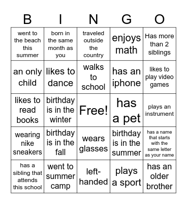All About Me Bingo Card