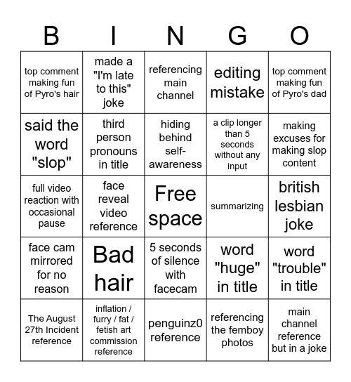 Pyrocynical Bingo Card