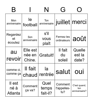 French 1, week 1 Bingo Card