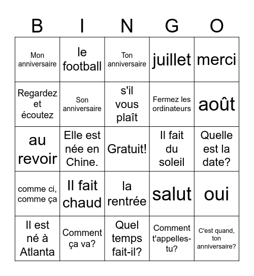 French 1, week 1 Bingo Card