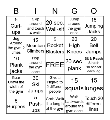 Bingo Fitness Bingo Card