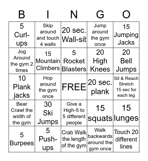 Bingo Fitness Bingo Card