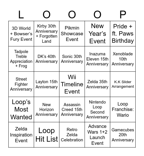 Glace's Round 1 (Nintendo Loop Events) Bingo Card