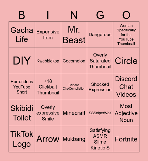 My Brother’s YouTube Recommended Video Bingo (GONE WRONG) Bingo Card