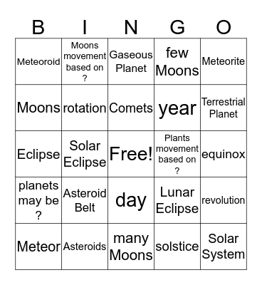 Solar System 8.4-1 Bingo Card