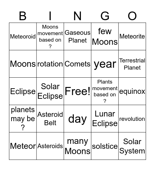 Solar System 8.4-1 Bingo Card