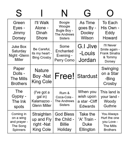 1940s Singo Bingo Card