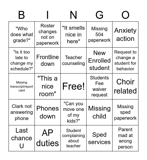 Counselor Chaos Bingo Card