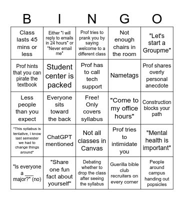 First Day of Class Bingo Card