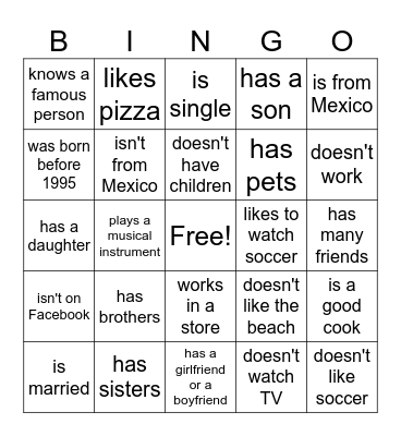 Commonalities Bingo Card