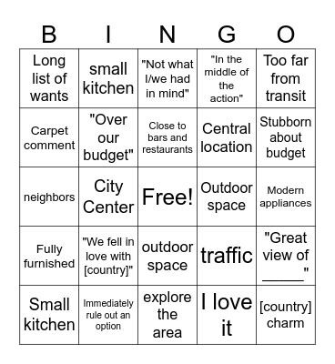 House Hunters International Bingo Card