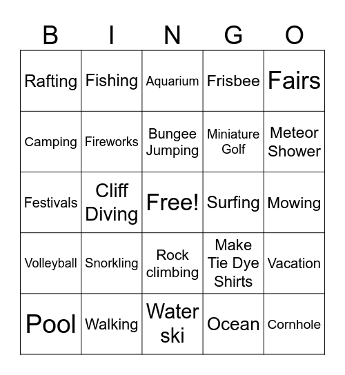 SUMMER ACTIVITIES Bingo Card