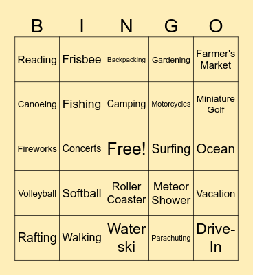 SUMMER ACTIVITIES Bingo Card