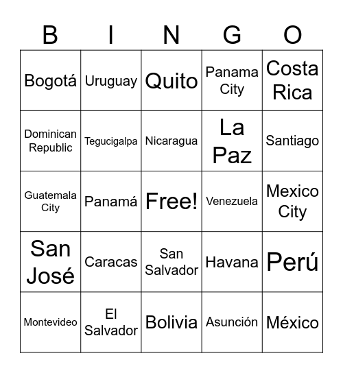 Latin American Countries and Capitals Bingo Card