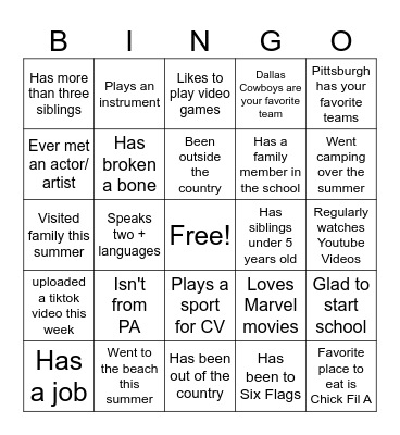 Get to know you bingo Card