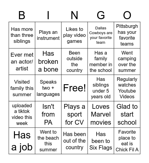 Get to know you bingo Card