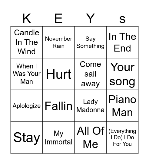 Piano Bingo Card