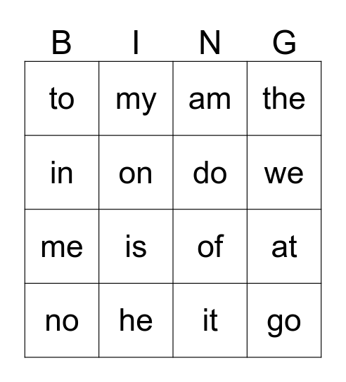 Trick Words Bingo Card