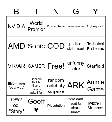 Gamescum 2023 Bingo Card