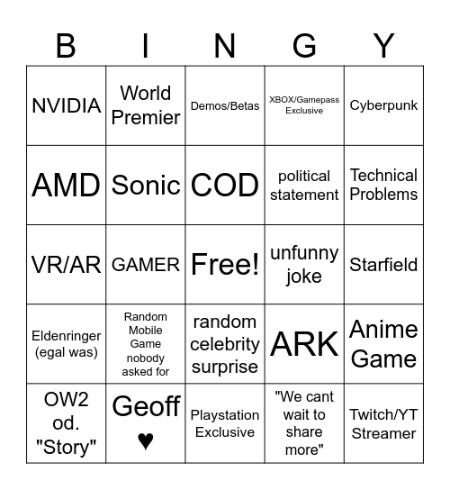 Gamescum 2023 Bingo Card