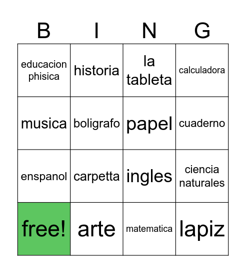 Spanish Vocabulary Bingo Card