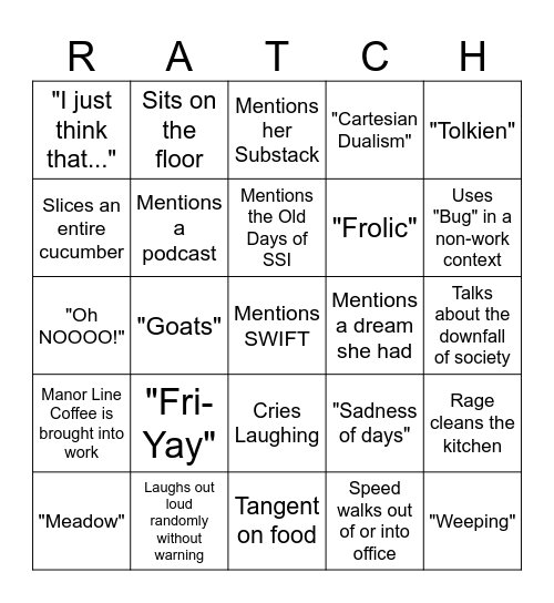 Rachel Bingo Card