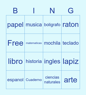 Spanish Vocabulary Bingo Card