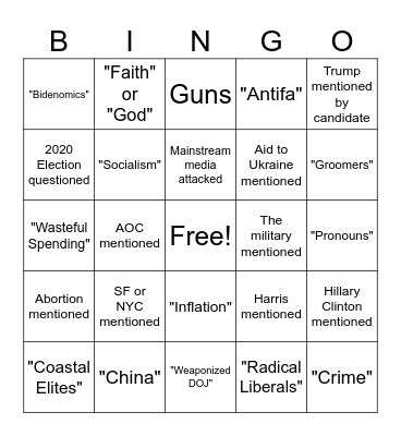 Republican Debate Bingo Card