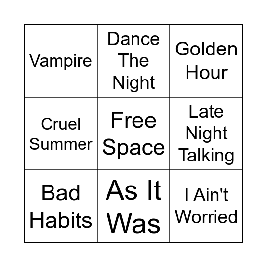 Rachel's Favorite Pop Songs Bingo Card