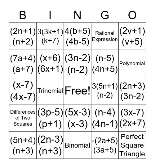 Factoring Trinomials Bingo Card