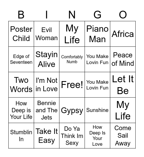 70's Music Bingo Card