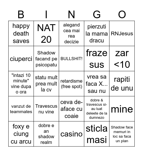 D&D pe droage Bingo Card