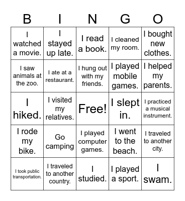 Summer Break Bingo Card