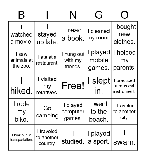 Summer Break Bingo Card